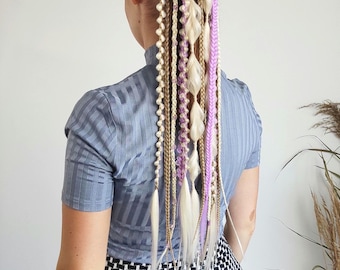 Peluca de cola de caballo con rastas, trenzas rubias con banda para el cabello, trenzas Rave con cuentas de color lavanda y morado, extensión de trenza para festival de música, largo de 17", trenzas de 20"
