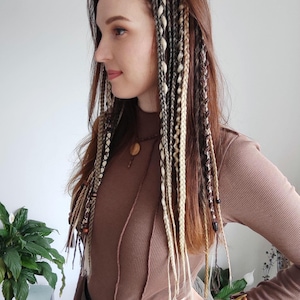 Clip in braids blonde brown, Boho hair extension, Viking dreads on hair clips, Festival hair accessory, Length 21&quot;, Braids 18, clips 6