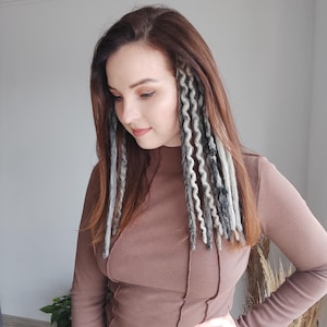 Clip in crochet dreads gray, Boho hair extension silver, Viking men dreads on hair clips, Hippie hair, Length 15&quot;, Dreads 16, clips 4