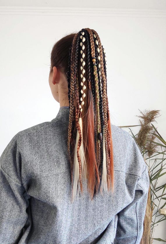 Hair Dread Gypsy Braid for Hair Charms Wood Beads Ribbon Metallic Yarn Viking Braids on Hairband, Boho Dreadlock Ponytail Ginger  main image 4