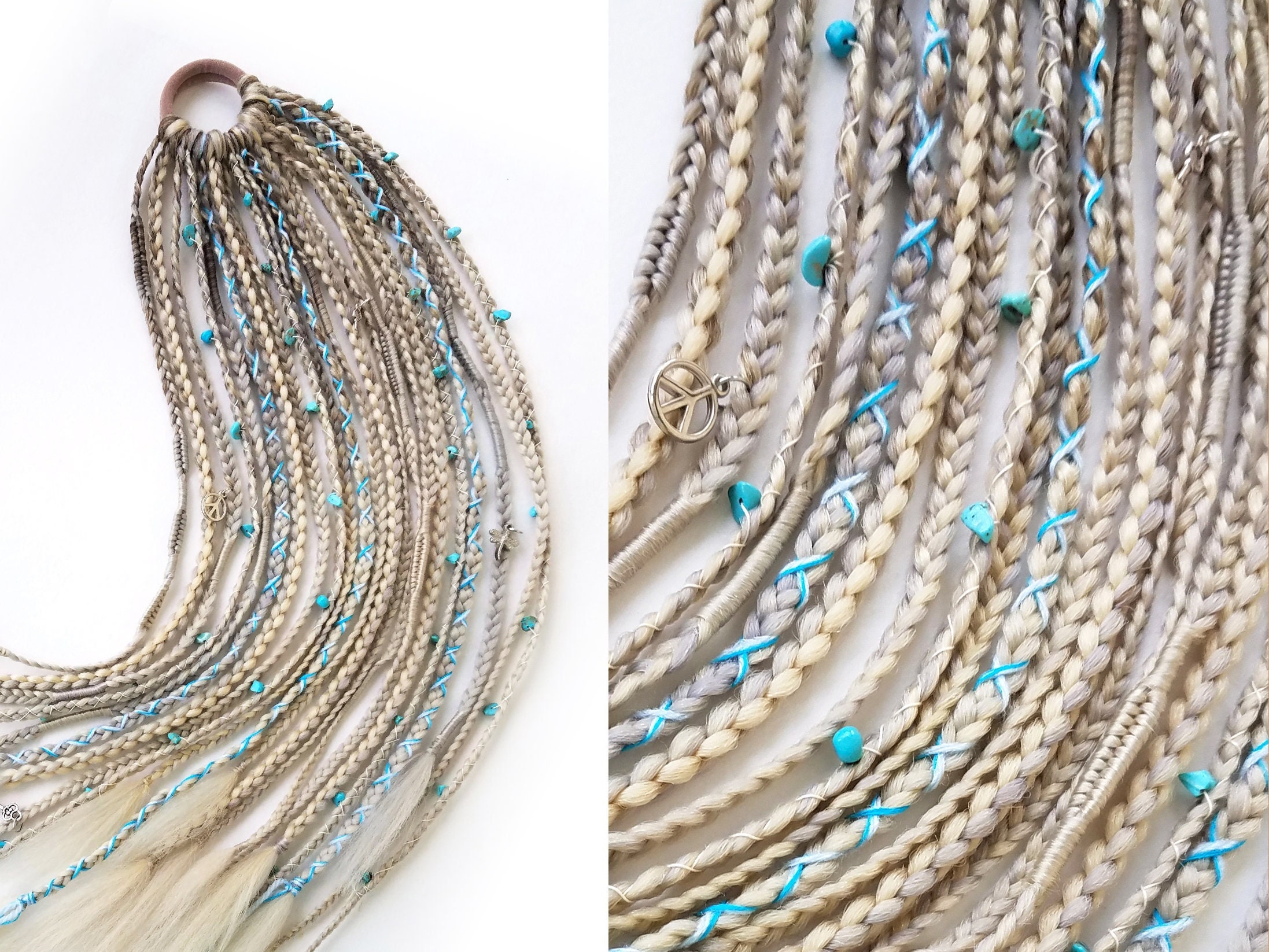Braids extension gray blonde on hair elastic, Viking ponytail dreadlocks silver hair, Dreads extension platinum blonde with blue accessories