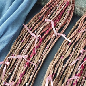 Braids on hair elastic with pink bows, Dirty blonde dreadlock ponytail, Rococo hairstyle, Festival braids extension, Length 22&quot;, Braids 13