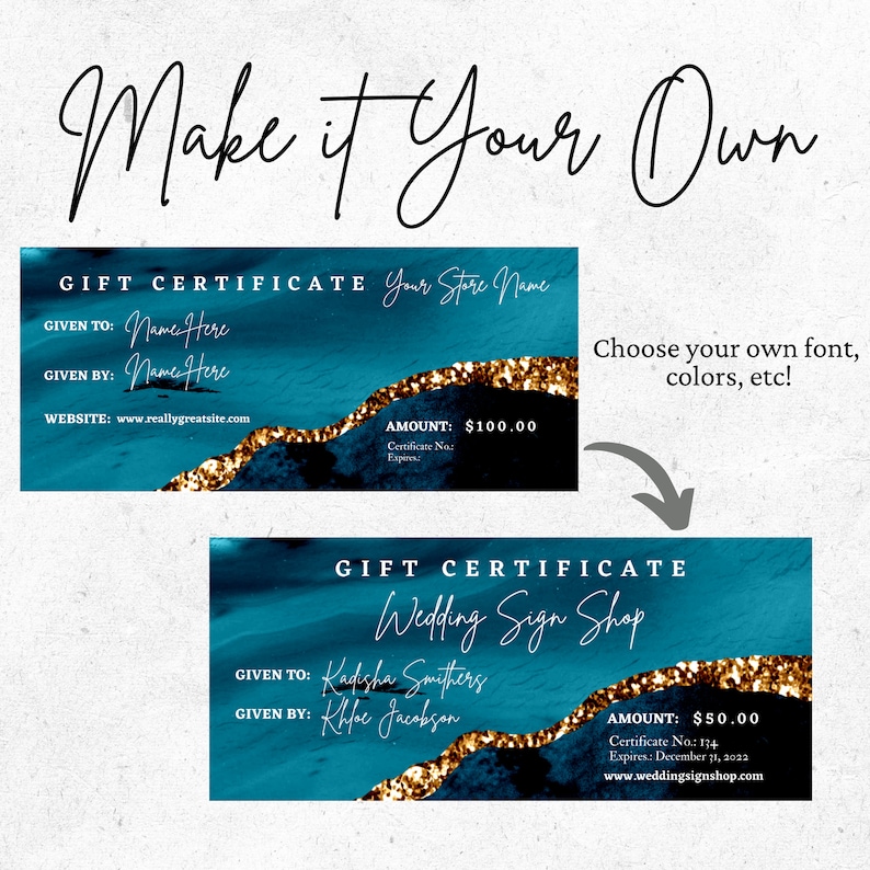 Editable Gift Card Online Business Gift Certificate Blue Gift Certificate Etsy Shop Paper Shop Premade Teal and Gold Gift Certificate