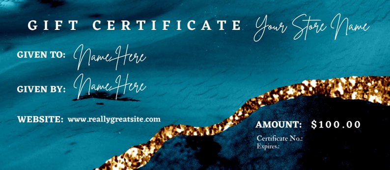 Editable Gift Card Online Business Gift Certificate Blue Gift Certificate Etsy Shop Paper Shop Premade Teal and Gold Gift Certificate