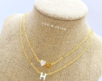 Gold Necklace Letter “H” Nacre Heart or Gold Necklace Letter “H” for Honduras, Choker with heart 18K Gold Necklace.