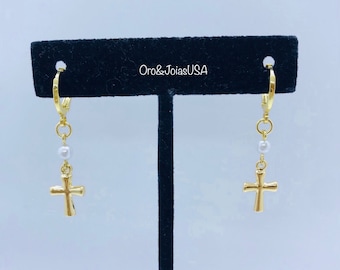 18K Gold Plated Cross with Pearl and Hook Earrings