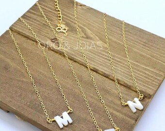Tiny initial necklace, alphabet necklace personalized jewelry, letter initial pendant, Gold chain with Customized Nacre Letter, mother gift.