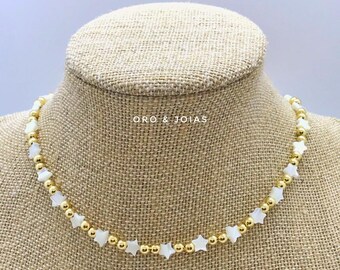 Gold Beads and Nacre White Stars Choker. 18K Gold Plated Beads and White Stars Necklace. Nacre White Stars and 18K Gold Beads Choker.