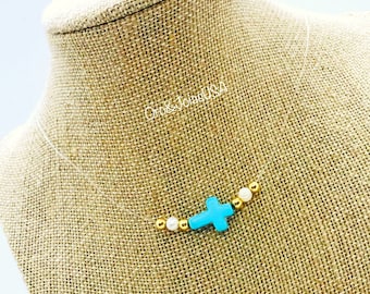 Cross Choker with White Pearls and Gold Beads. Choker with Cross, Pearls and Gold Beads White and Turquoise