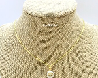 Gold Necklace with White Pearl and Golden Heart. Gold Necklace with Cubic Zirconia Gold Heart on White Pearl. 18K Gold Plated Necklace