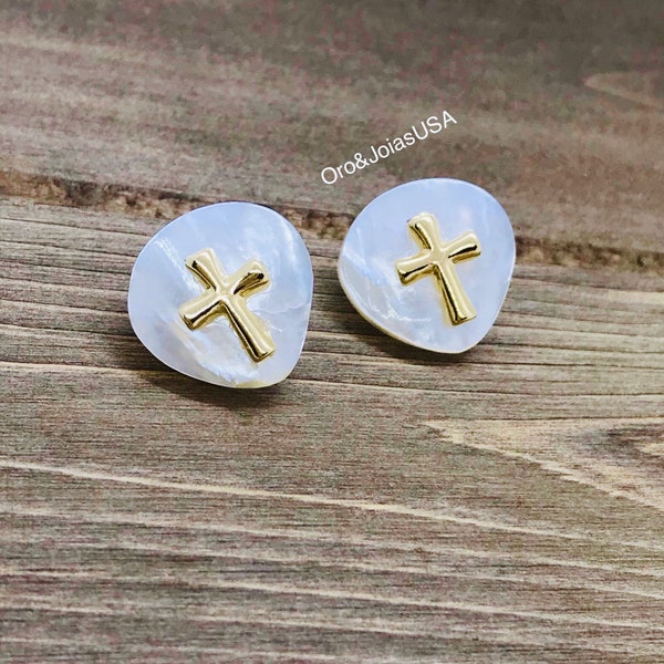 Nacre earrings with cross, Nacre white earrings,18K Gold Plated cross Earrings.