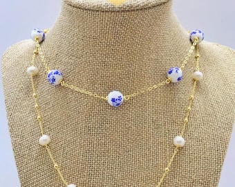 Gold Pearl and White & Blue Beads Choker and Necklace with Gold Beads Bracelets and Drop Earrings With Pearls and White and Blue Beads.