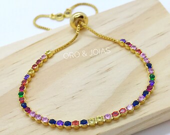 Gold Adjustable Bracelet with Color Cubic Zirconia. 18K Gold Plated Adjustable Bracelet with Colorful Cubic Zirconia Stones.