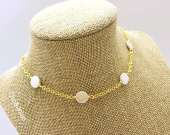 Gold Choker with Baroque White Pearls. Gold Choker with Pearl Coins. 18K Gold Plated Choker with Coin Pearls.