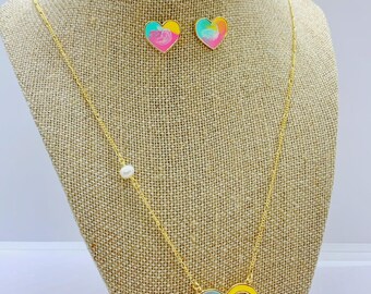 Colorful 18K Gold Filled Necklace with Heart Pendant and Pearl Detail with or without Heart Colorful Earrings.