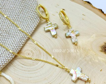 Gold Chain with Cross and Mini Hoops with Cross Earrings. 18K Gold Plated chain and Mini Hoops  Cubic Zirconia Earrings with Cross Pendant