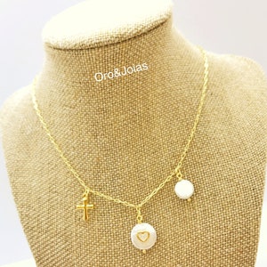 Gold Necklace with Pearls, Gold Heart and Cross.Gold Heart on White Pearl and Gold Cross Necklace.