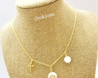 Gold Necklace with Pearls, Gold Heart and Cross.Gold Heart on White Pearl and Gold Cross Necklace.