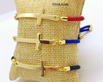 18K Gold Plated Cross with Rope Bracelet. Gold Cross Bracelet. Adjustable Rope Bracelet