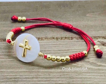 Bracelet with Cross and Beads, Red string bracelet with Nacre, 18K Gold Plated Rope Bracelet and Earrings, Dainty bracelet for woman