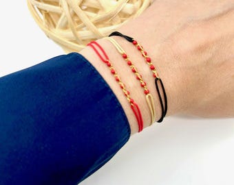 String Bracelet with Red Stainless Steel Beads. Red Beads link Stainless Steel with Gold Filled 18k  String Bracelet. Stainless Steel Cord