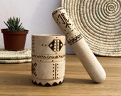 Wooden Mortar with Pestle, Wooden Masher Bowl Mashing Crushing, Amazigh Style, Pyrography