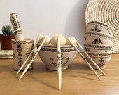 Set of Wooden Bowls with spoons and Wooden Garlic Masher Bowl Mashing Crushing, for Snacks and decoration Amazigh Style, Pyrography