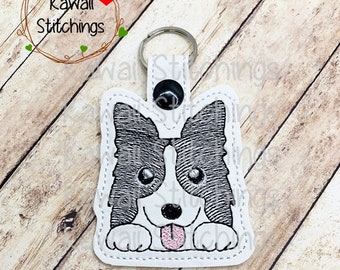 Kawaii Border Collie Style 2 Key Fob, Key Chain, In The Hoop Design, Digital Instant Download