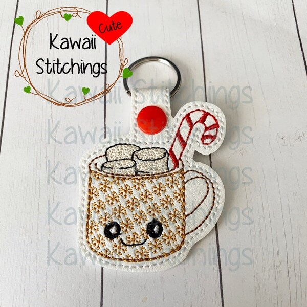 Kawaii Hot Cocoa with Candy Cane, Key Fob, Key Chain, In The Hoop Design, Digital Instant Download