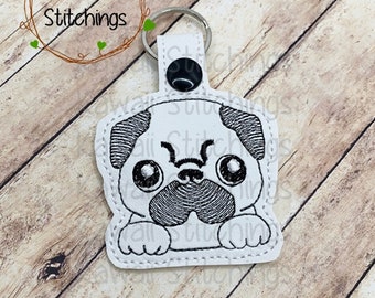 Kawaii Pug, Key Fob, Key Chain, In The Hoop Design, Digital Instant Download