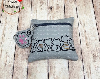 Kawaii Doodle Cat Zipper Bag 4 inch Bag with Zipper pull, 4"x4"hoop, In The Hoop Design, Digital Instant Download