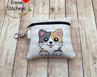 Kawaii Calico Cat Zipper Bag 4 inch Bag, 4"x4"hoop, In The Hoop Design, Digital Instant Download