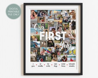 May include: A black framed photo collage of a couple's first year together. The collage includes 36 photos of the couple in various settings, including a beach, a city, and a forest. The text "Our First Year" is printed in white on a black background. The photo collage is a great way to commemorate a special anniversary.