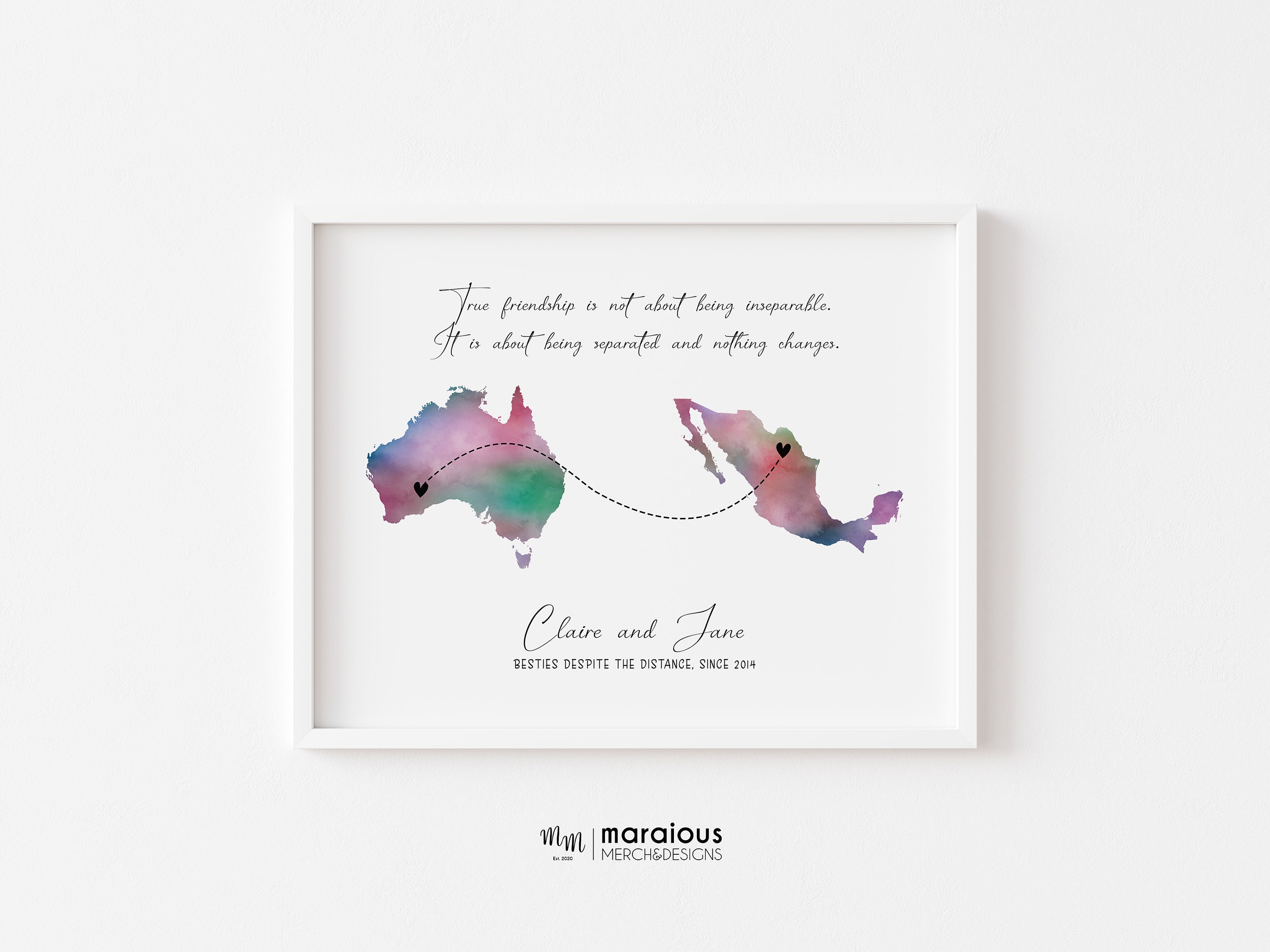 Long Distance Friendship Gift Custom Map Print, Best Friend Moving Away ...