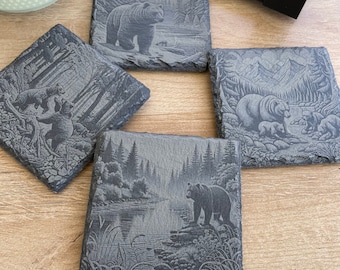 Wild Bear Coasters - Set of 4 With Holder | Rustic Wildlife Home Decor | Engraved Stone Coasters for Nature Lovers