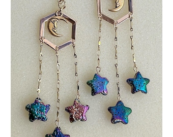 Lasting Rainbow Starlight: Earrings, Fun Funky Moon Jewelry, Whimsical Boho Hippie Chandelier, Bold Goddess Dangle, Artsy Celestial Fashion