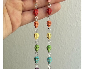 Skull Rainbow: Earrings, Colorful Halloween Jewelry, Long Beaded Dangle, Fun Goth Fashion, Spooky Grunge Accessory, Unusual Handmade Gift