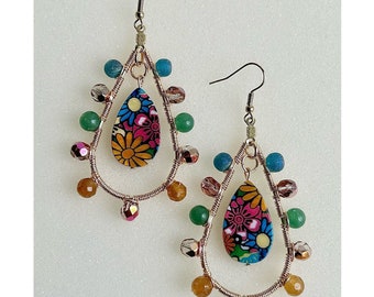 Floral Shell Earrings: Colorful Wire-Wrapped Jewelry, Fun Boho Hippie Fashion
