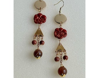 Browning Petals: Czech Glass with Goldstone and Agate Earrings, Funky Nature Jewelry, Whimsical Cottagecore Statement Design, Romantic Style