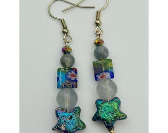 Lava Star Earrings: Funky Multicolor Dangle with Gemstones and Floral Millefiori