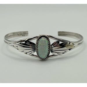 Vintage Navajo Opal Sterling Silver Cuff Bracelet with Leaf Detail, Adjustable