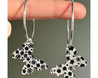 Black Flower Butterfly Earrings: Shrink Plastic Charms on Hoops