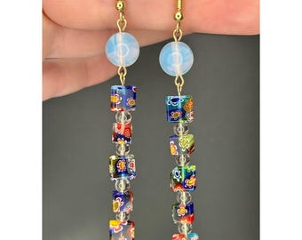 Floral Beaded Earrings: Groovy Retro Jewelry with Opal and Colorful Millefiori