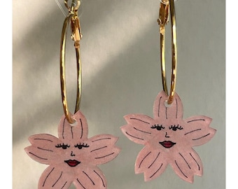 Pink Flower Earrings: Shrink Plastic Charms on Hoops, Fun Wearable Art Jewelry