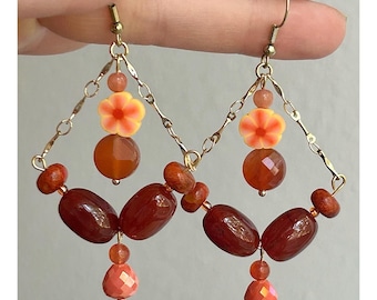Red & Orange Beaded Earrings with Carnelian, Coral, Agate, Quartz, Clay Flowers