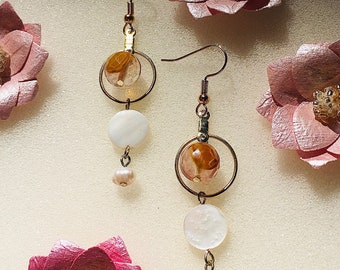 Wispy Dawn: Cherry Quartz with Pearl and Shell, Elegant Nature-Inspired Statement, Unique Dainty Dangle, Fun One-of-a-Kind Handmade Earrings