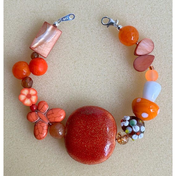 Handmade Orange Botanical Beaded Bohemian Bracelet