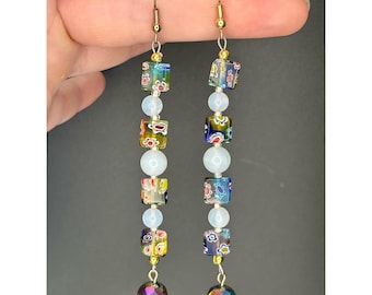 Rainbow Floral Earrings: Colorful Beaded Jewelry with Opal and Millefiori