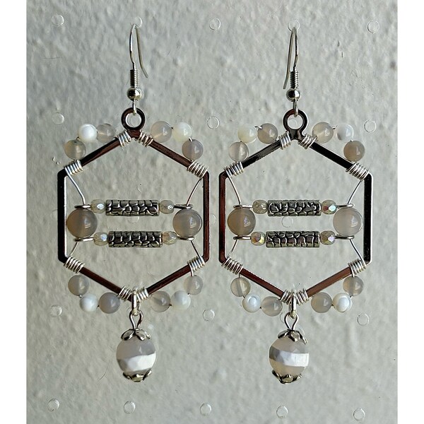 Frosted Web: Agate and Mother of Pearl Wire-Wrapped Statement Earrings, Fun and Funky Handmade Jewelry, One-of-a-Kind Design, Unique Style