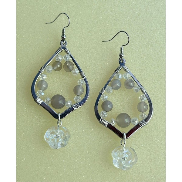 Webbed Roses: Agate and Glass Wire-Wrapped Statement Earrings, Elegant Handmade Jewelry, Whimsical Nature-Inspired Design, Fun Teardrop Hoop